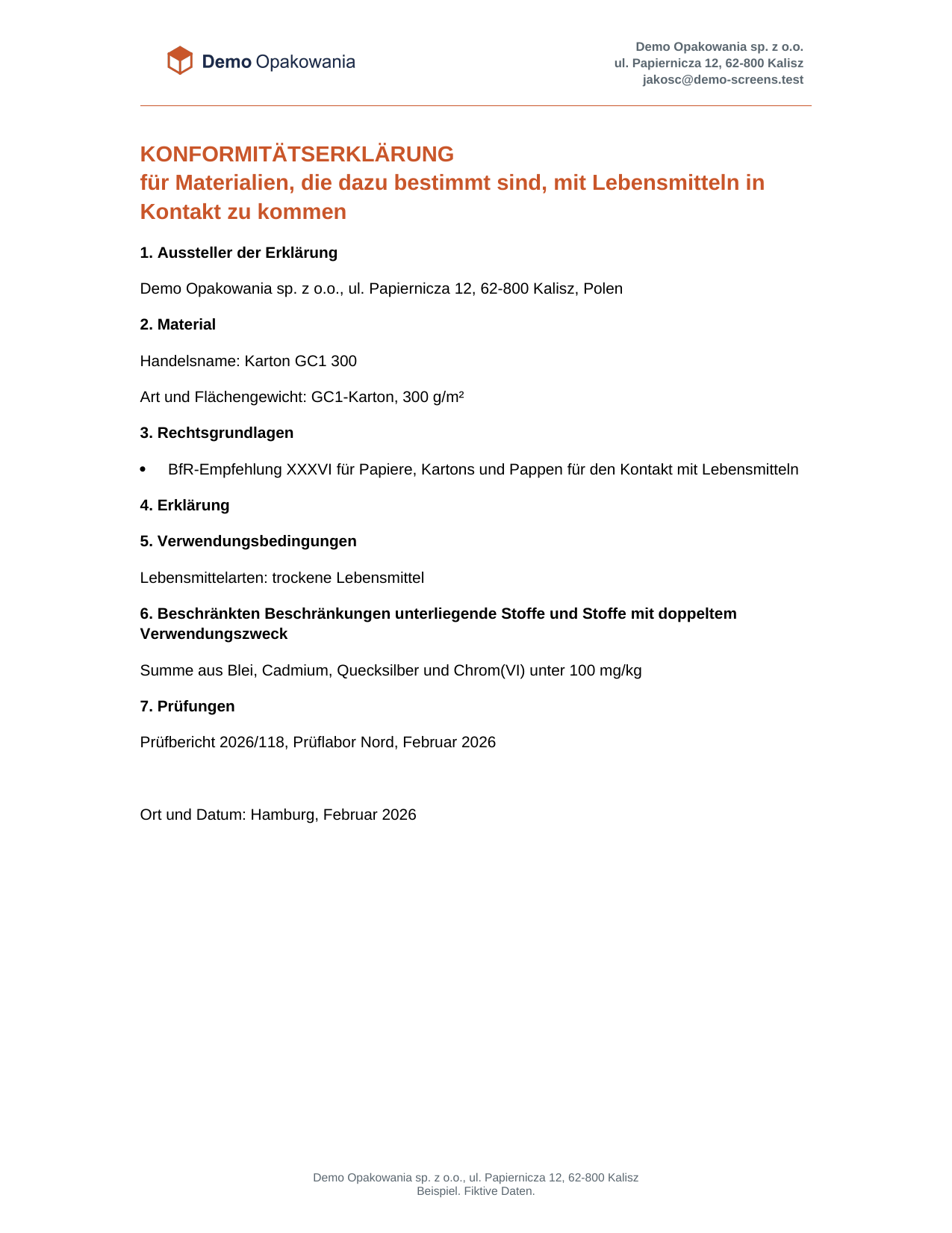 Die erste Seite einer in Complizer erstellten Konformitätserklärung für Lebensmittelkontakt