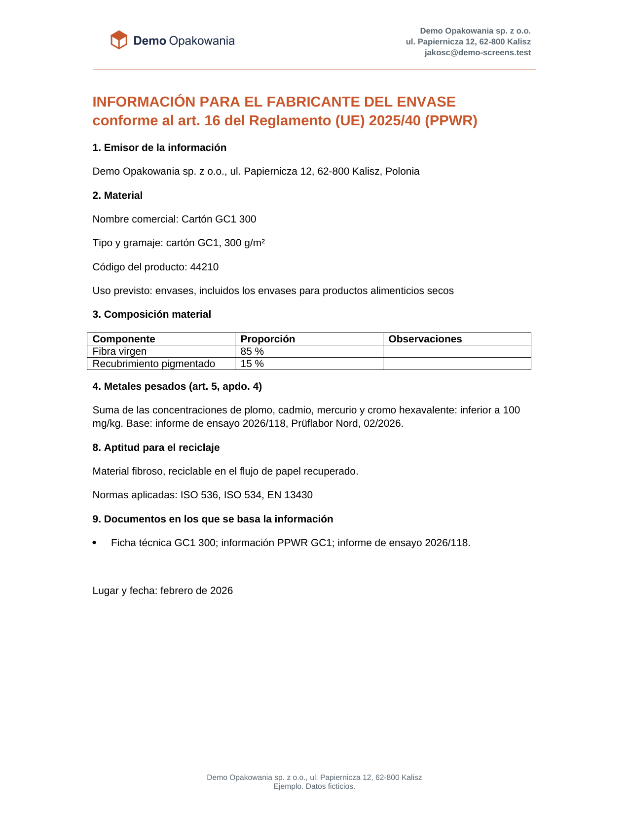 La primera página de la información PPWR creada en Complizer