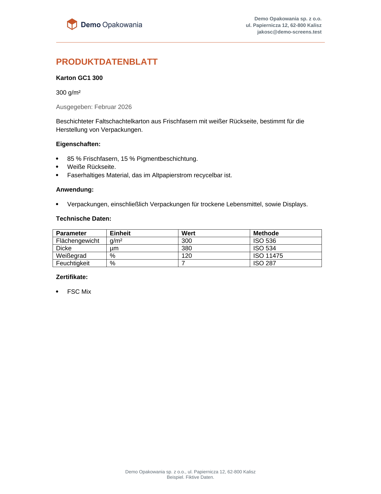 Das von Complizer erstellte Datenblatt im Layout des Unternehmens
