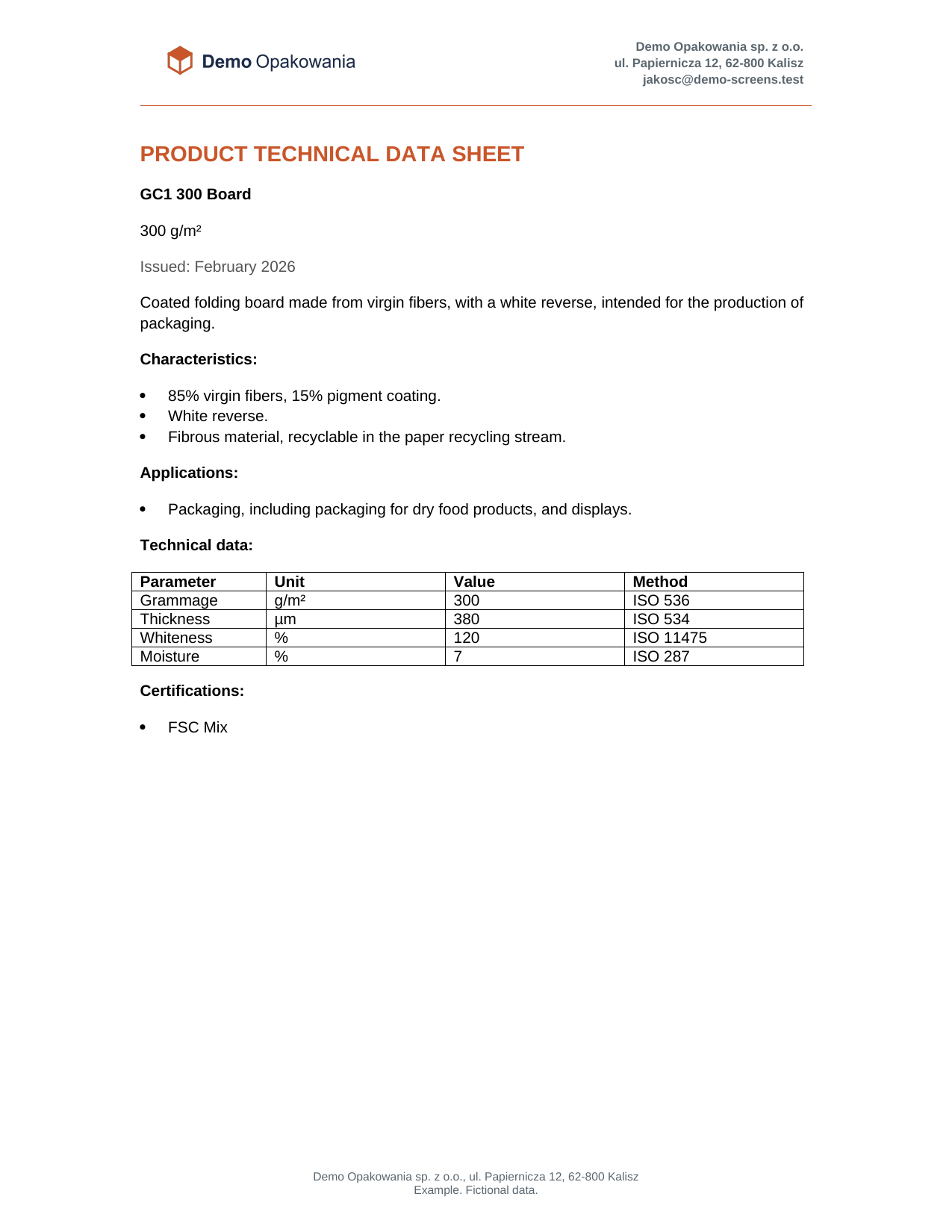 La ficha técnica creada por Complizer, con el diseño de la empresa